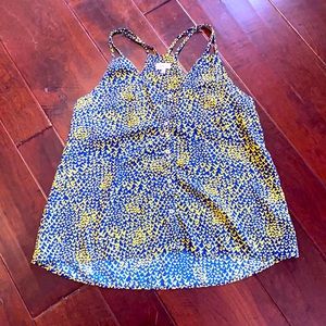 Pixley double strap spaghetti tank with buttons in royal blue and yellow pattern